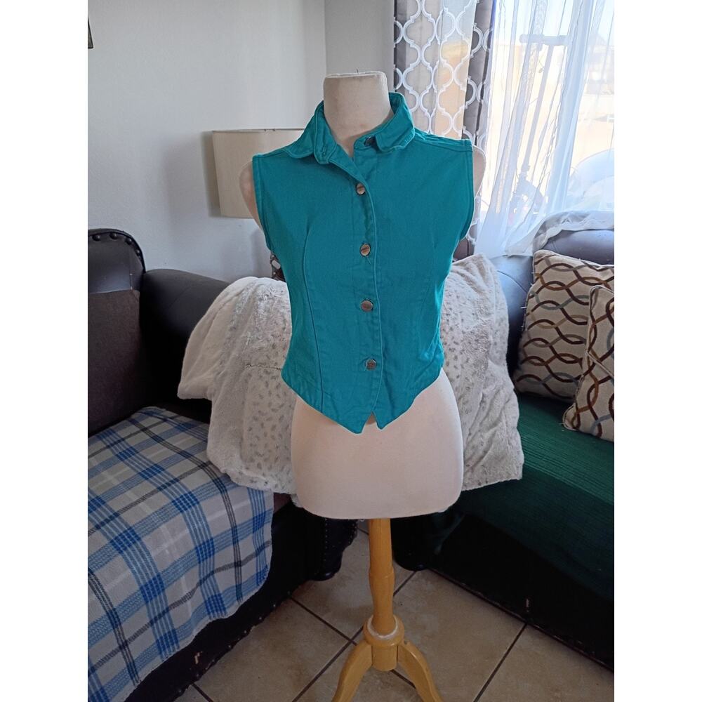 Vintage Retro ROUGH RIDER CIRCLE T Jean VEST Teal/ Denim Westerncore Wear Small